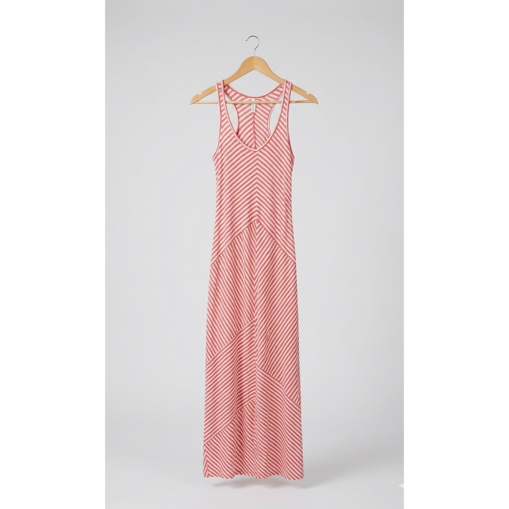 Hang Ten Striped Maxi Dress Womens Medium Coral Pink White Racerback Summer Boho
